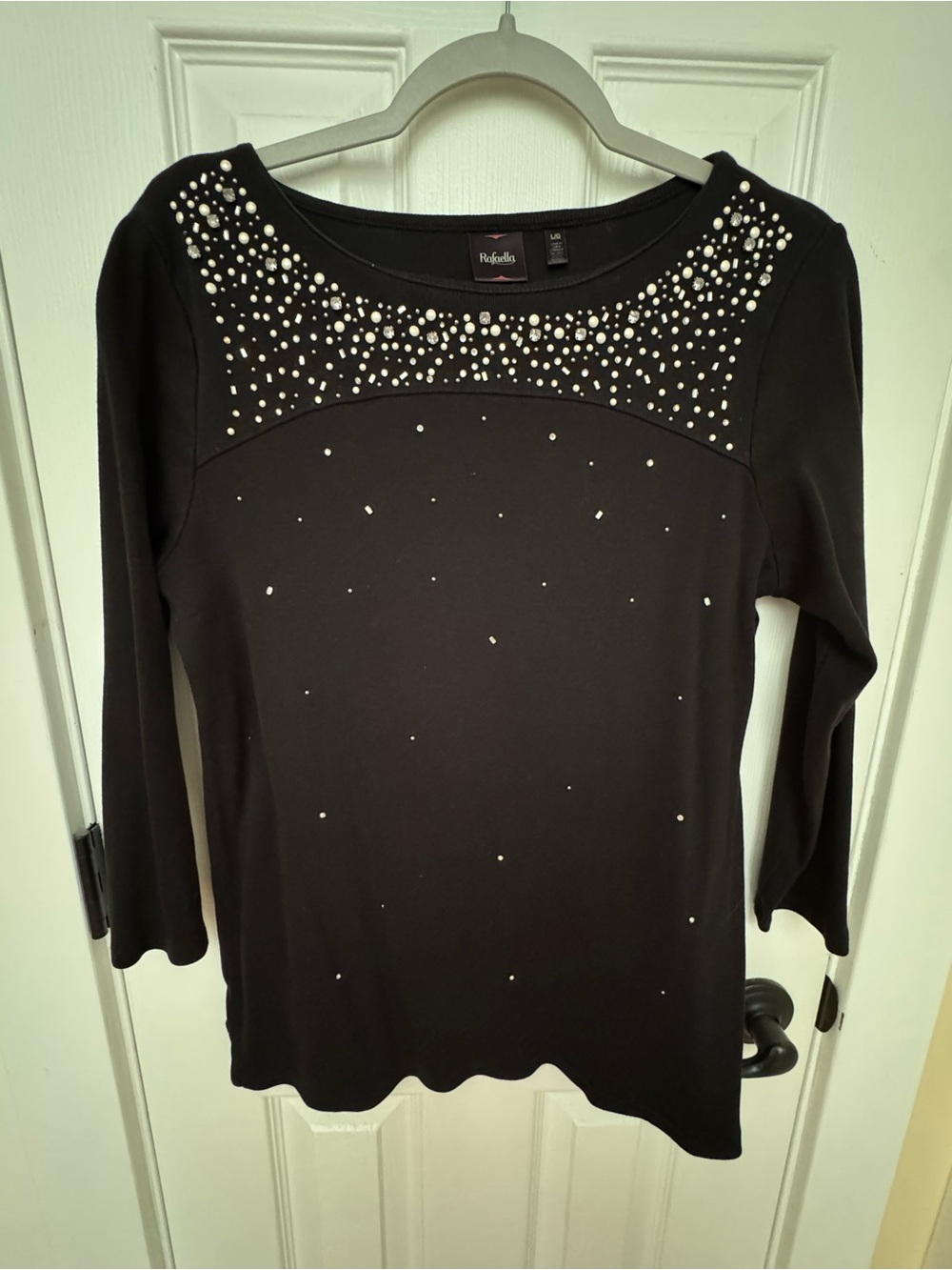 Rafaella Black Long-Sleeve Top with Pearl & Rhinestone Yoke